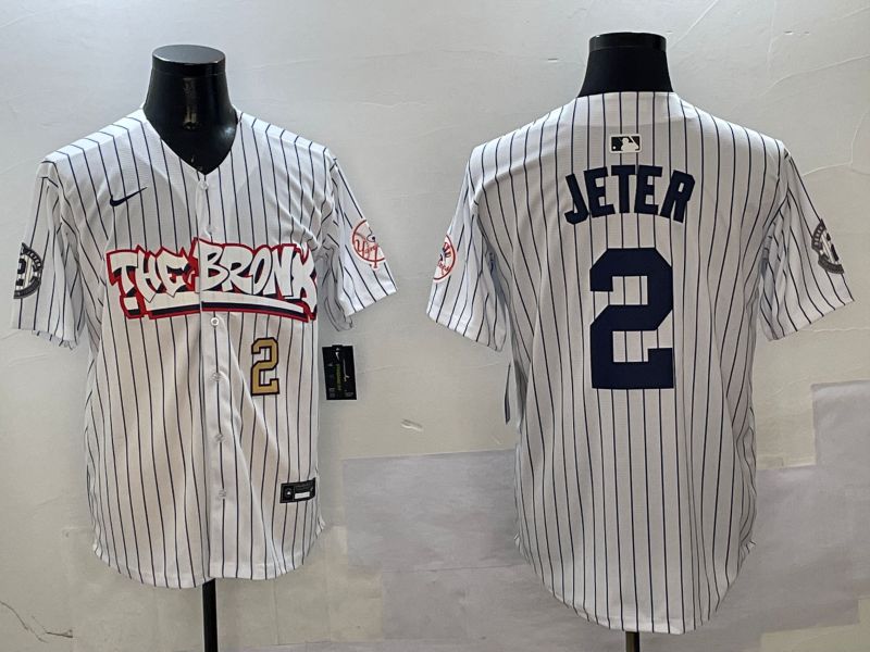 Men New York Yankees 2 Jeter White Stripe four generations Joint Name 2025 Nike MLB Jersey style 6
